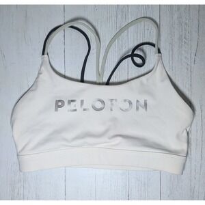 Peloton Womens Strappy Racerback Sports Bra Cream Silver Logo Size S
